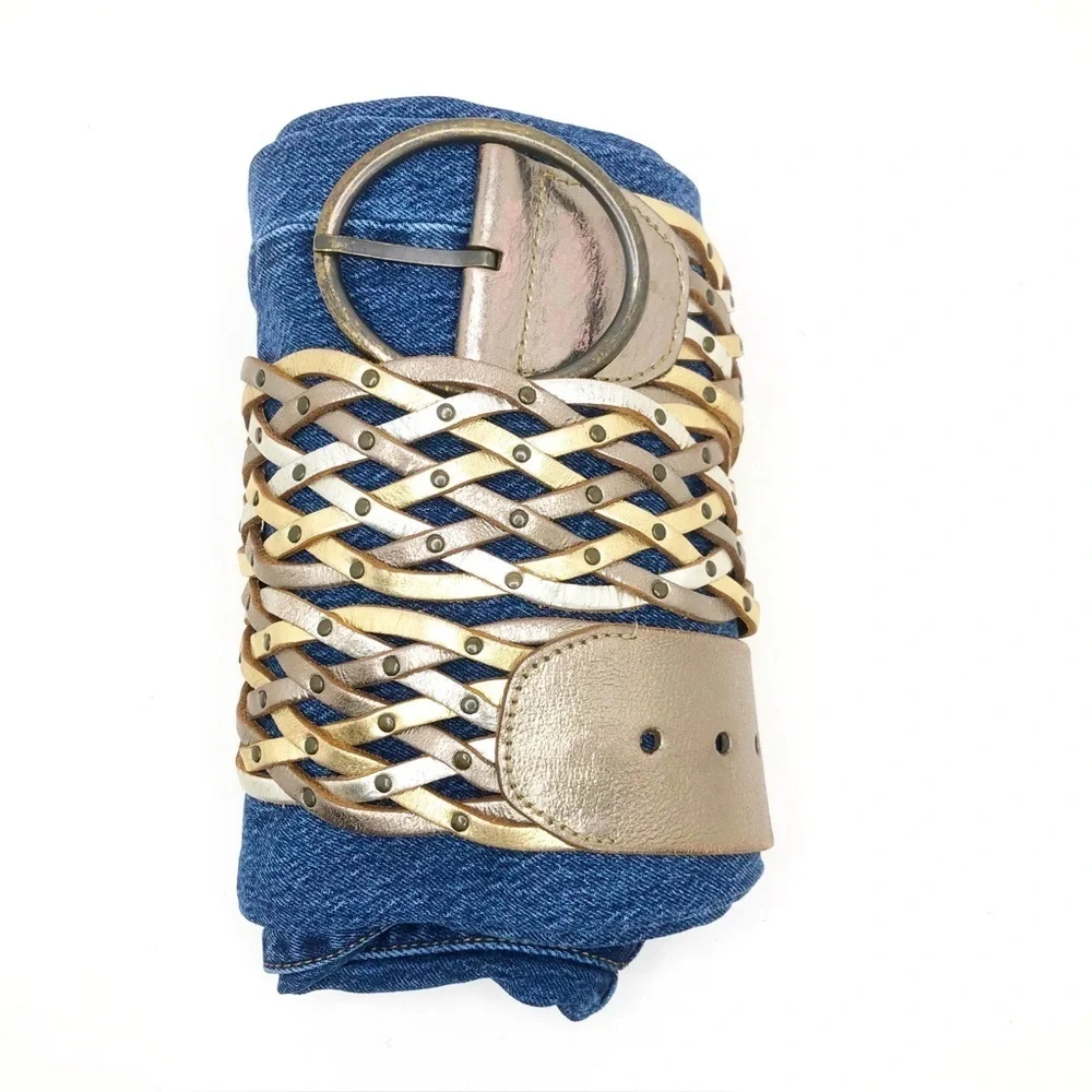 Fossil leather, metallic woven belt
